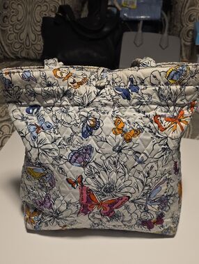 Quilted Butterfly Print Tote - White with Multicolor Butterflies